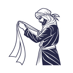 vector illustration of a young Man in traditional dress holding a cloth in a simple workspace during daytime hours