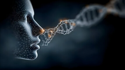 Digital Human face and DNA double helix on a blue technology background. DNA molecule hologram and AI robot head. Futuristic biotechnology and Science tech concept. Vector healthcare illustration