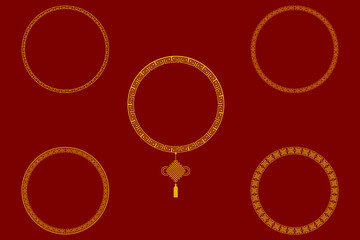 A set of five decorative golden circular border frames with traditional Chinese ornament