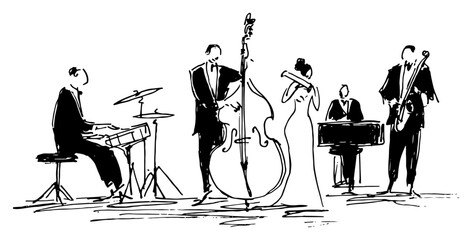 Vector line art illustration of a jazz band playing instruments on stage hand drawn sketch of musicians including pianist double bass player and singer © Celestynka
