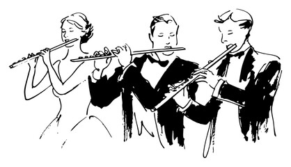 Vector line art illustration of three flutists playing their instruments hand drawn sketch of a classical music wind section ensemble in formal wear