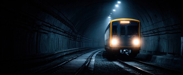 Subway train glides into a shadowy narrow underground tunnel with eerie ambiance