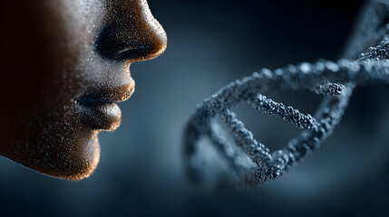 Digital Human face and DNA double helix on a blue technology background. DNA molecule hologram and AI robot head. Futuristic biotechnology and Science tech concept. Vector healthcare illustration