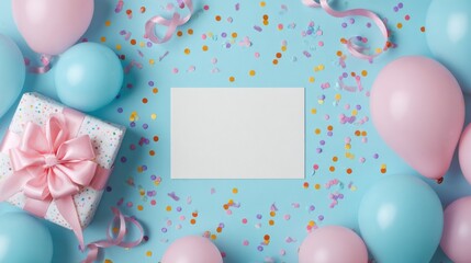 Colorful balloons, confetti, and a wrapped gift surround a blank card on a light blue surface. This setup is for a party or celebration, ideal for invitations and greetings