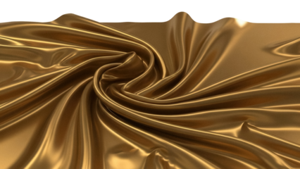 Luxurious golden silk fabric isolated PNG, draped in elegant folds and curves for fashion design and decorative elements on transparent background