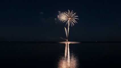 Single firework exploding over dark water at night with reflection