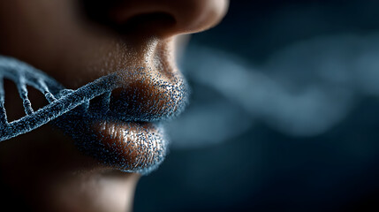 Digital Human face and DNA double helix on a blue technology background. DNA molecule hologram and AI robot head. Futuristic biotechnology and Science tech concept. Vector healthcare illustration