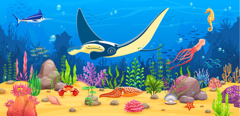 Manta ray and sea animals at underwater sea landscape with coral reef fishes, cartoon vector background. Sea or ocean underwater landscape with manta stingray, swordfish or seahorse and funny crab © Vector Tradition