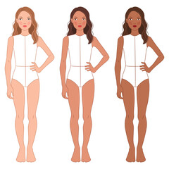 Vector fashion croqui set of an 11&ndash;13-year-old girl in three diverse skin tones. Includes clean body proportions, simple pose, and a hairstyle. Perfect for clothing design and fashion sketching.