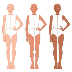 Vector fashion croqui set of an 11&ndash;13-year-old girl in three diverse skin tones. Includes clean body proportions, simple pose. Perfect for clothing design and fashion sketching.