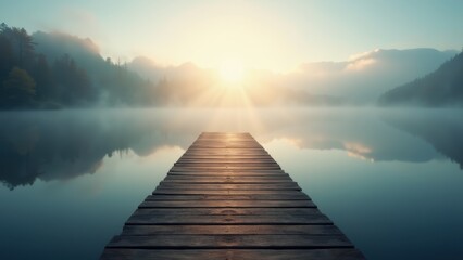 Empty wooden dock stretching over calm lake morning mist glowing light tranquil escape vivid colors