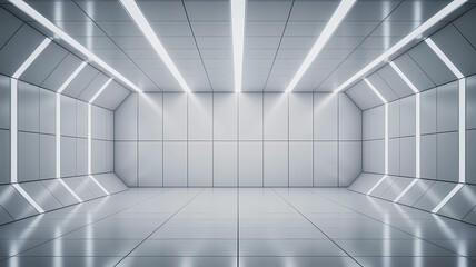 Fototapeta premium An ambient 3D render of a clean, symmetrical, and highly geometric interior space, resembling a futuristic laboratory