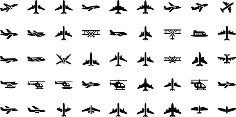 Airplane and helicopter silhouette collection, diverse aircraft icons including jets, biplanes, seaplanes, rotorcraft for aviation design, travel graphics, vector set