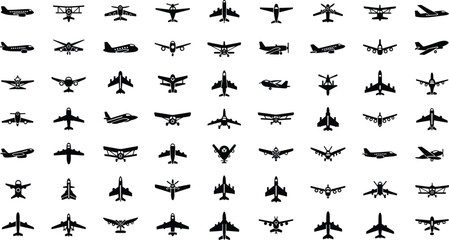 Airplane silhouette collection, diverse aircraft icons including jets, propeller planes, commercial airliners for aviation design, travel graphics, transportation vector set