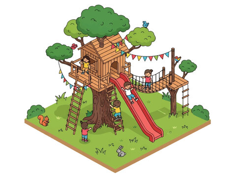 Squared 3D Isometric View Vector of children playing in a wooden treehouse with rope ladder, slide, flags, and surrounding grass. Perfect for adventure themes, imagination and playful childhood visual