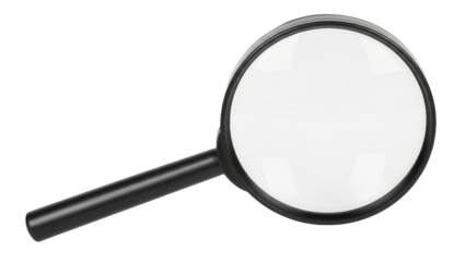 Black magnifying glass PNG isolated on transparent background, search tool for investigation and close inspection