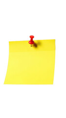 Yellow sticky note pinned with a red pin on transparent background