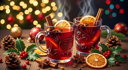 A festive christmas scene featuring two glasses of steaming mulled wine garnished with orange slices and cinnamon sticks, surrounded by pinecones, holly, and christmas ornaments, set against a backdro