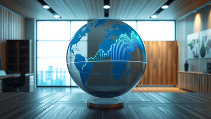 Generative AI Innovative Globe Display in Modern Conference Room with Data Visualization