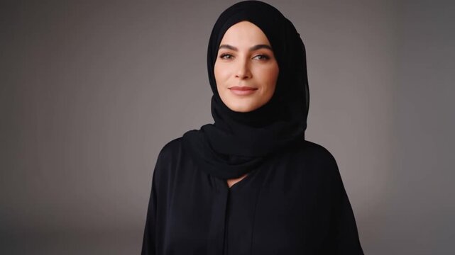 A dignified woman wearing a traditional headscarf in front of a neutral backdrop. She radiates composure and self-assurance Stock Video