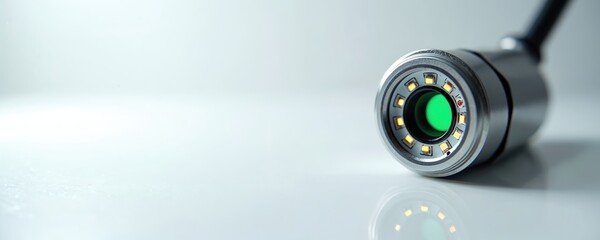 Close view of industrial endoscope camera with LED lights. Device checks pipes and drains for problems. Small lens with green filter. Tech tool for inspection.