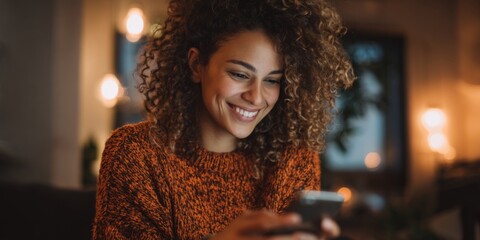 Young woman with curly hair smiles while using smartphone in cozy indoor setting, showcasing modern technology and leisure lifestyle