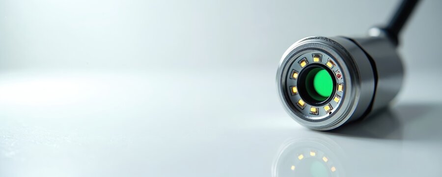 Close view of industrial endoscope camera with LED lights. Device checks pipes and drains for problems. Small lens with green filter. Tech tool for inspection.