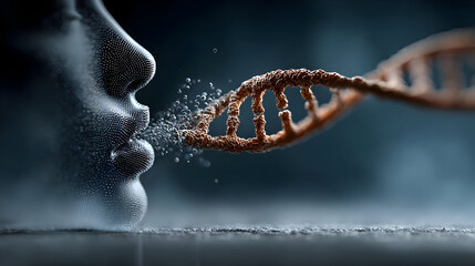 Digital Human face and DNA double helix on a blue technology background. DNA molecule hologram and AI robot head. Futuristic biotechnology and Science tech concept. Vector healthcare illustration