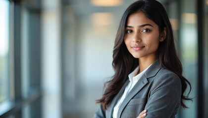 Young indian woman in business suit arms crossed looking confident. Professional female in corporate attire at office workplace. Career success, smiling, attractive model.