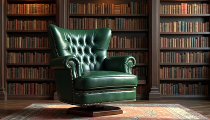 Elegant green leather armchair stands on patterned rug inside classic library. Tall wooden bookshelves filled with many old books. Cozy study room setup offers quiet place for reading, learning, deep