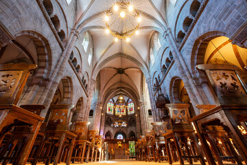 Basler Munster cathedral interior nave and ceiling vault. Basel, Canton of Basel-Stadt, Switzerland.