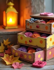 Distressed painted wooden drawers with polka dots store colorful yarn, crochet hooks, craft scissors. Pink knitted square, bright autumn leaves decorate rustic wooden table. Warm glowing lantern