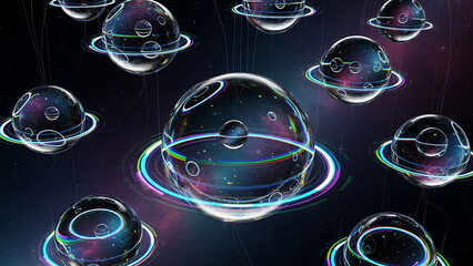 Digital Galaxy or Metaverse Environment Background with Ethereal Bubbles and Space Rings
