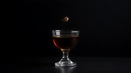 sambuca. Dark background with single floating coffee bean above a sambuca glass. bar promotions, beverage menus, designed for food & beverage menus and cafe branding, used by marketing managers.