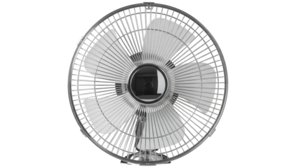 Silver electric fan isolated PNG on transparent background, cooling appliance for summer heat relief and ventilation