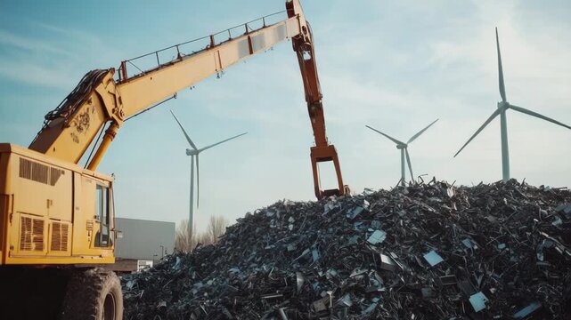 A crane lifts scrap metal into a large pile