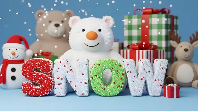 Festive christmas and winter scene with stuffed animals, gifts, and the word snow made of textured letters on a blue background - Powered by Adobe