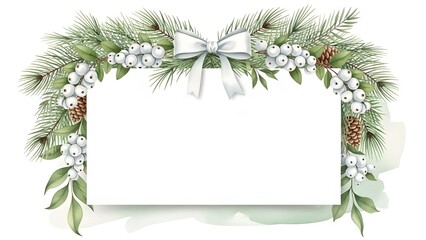 Holiday frame with pine branches and white ribbon for greeting cards