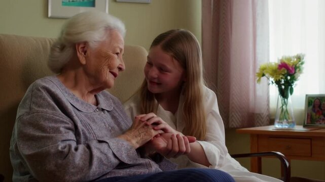 An elderly woman and a young girl share a tender moment, a glimpse into their cherished relationship. The scene evokes a feeling of warmth, affection, and intergenerational love Stock Video