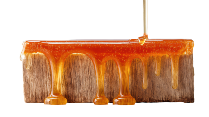 Honey dripping on wooden block with transparent background