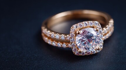 A ring sits on a dark surface. The ring shows a large diamond in the center surrounded by smaller stones. Its design highlights intricate details and shines brightly