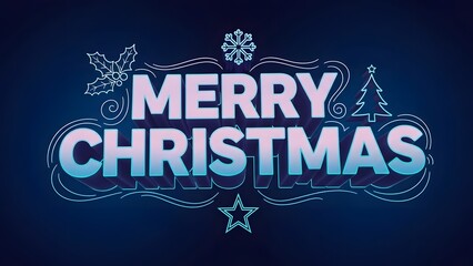 Merry christmas glowing neon text design with festive elements like a snowflake, holly, and christmas tree, isolated on white