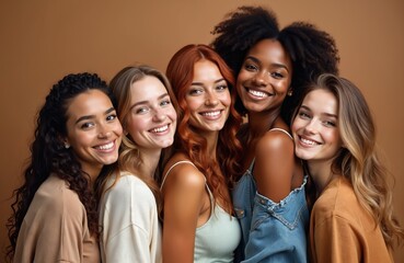 Fototapeta premium Five diverse young women smile happily together. Stand close, showing friendship, unity. Different ethnicities, hair colors create vibrant group. Look cheerful, confident at camera against plain
