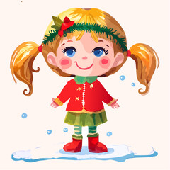 Cute Little Girl Celebrating Christmas – Vector Illustration