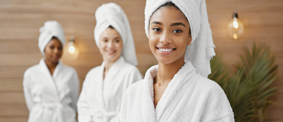 Spa Day Bliss: A trio of radiant women, wrapped in soft towels and robes, share a moment of serene relaxation and beauty, bathed in the gentle warmth of spa ambiance.