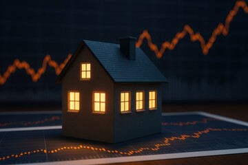 Real Estate Analytics: The silhouette of a home glows warmly against a backdrop of financial data, an elegant metaphor for the property market. Highlighting the fusion of property and data.
