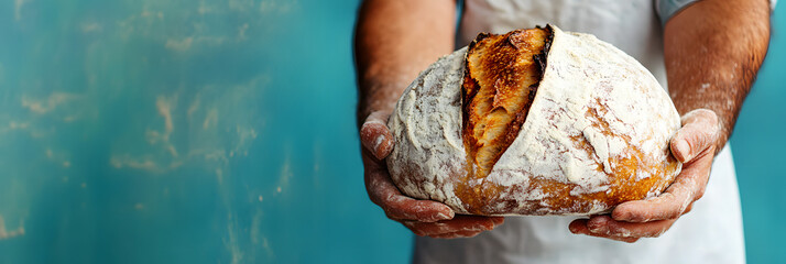 Close-up of a professional baker's hands meticulously preparing artisanal sourdough bread wide banner - blue background