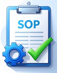 SOP Document with Gear and Checkmark, Standard Operating Procedure Icon, Process Compliance and Workflow, Business Illustration, Operational Guidelines Graphic