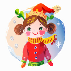 Cute Little Girl Celebrating Christmas – Vector Illustration