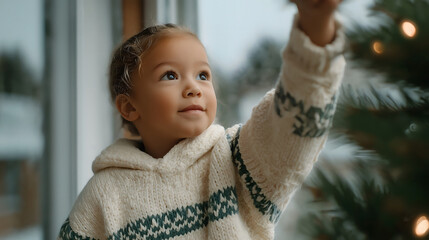 Child joyfully places an ornament on tree, filled with wonder and delight at festive season